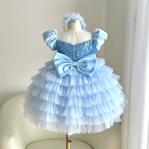 175 <b>Girls</b> Blue Sequin Princess <b>Dress</b> Puff Sleeves Pearl Neckline Layered Tulle Skirt for Birthday Party Wear by Nhung Nguyen - Product Image 4