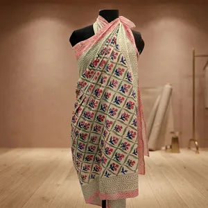 Pink Green Floral Hand Block Printed Cotton <b>Sarong</b> Scarf with Geometric Border Lightweight Beach Wrap Stole for Women - Product Image 5