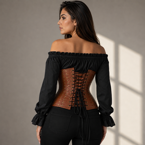 Faja Reductora de Cintura de Cuero Marrón para Mujer con Remaches Dorados y Cierre de Gancho y Ojo, Control Firme - Product Image 4
