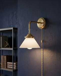 Modern Brass Finish Hanging Wall Pendant <b>Light</b> with Pleated Glass Lampshade <b>LED</b> Swing Wall Lamp <b>for</b> Hotel Bedroom Corridor <b>Room</b> - Product Image 4