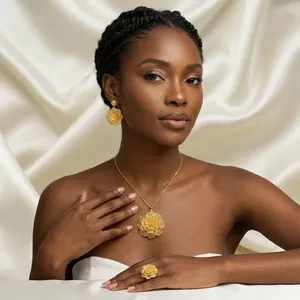 African Floral Pendant Necklace Earrings Set 24K Gold Plated Nigerian Wedding Jewelry - Product Image 6
