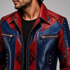 Nouvelle arrivée : Blouson en cuir pour homme grande taille, col montant, fermeture éclair, style motard, effet peau de serpent - Product Image 5