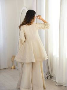 Elegant Beige Mirror Work <b>Kurta</b> Sharara Set with Dupatta | Designer Ethnic Wear Suit for <b>Women</b> | Festive Wedding Party Wear - Product Image 3