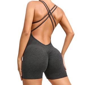 Wholesale Ribbed Sport Wear <b>Workout</b> Romper Women Custom Color Seamless Sleeveless Yoga Short Suit <b>Jumpsuit</b> Polyester/Nylon High - Product Image 1