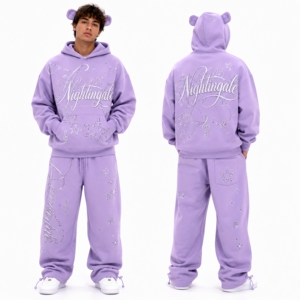 Conjunto de Sudadera con Capucha y Pantalones de Chándal de Algodón 100% Personalizado con Logotipo, Cortavientos, Invierno, Premium, con Gráficos de Diamantes de Imitación, Novedad 2026 - Product Image 5