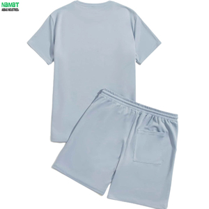 Light Blue Cotton T-Shirt <b>Set</b> Crew Neck Short Sleeve Breathable <b>Knitted</b> Casual Summer Outfit - Product Image 2