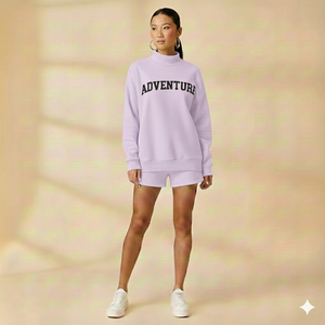 100% Cotton Material Street And Casual Wear Women Mockneck And Shorts <b>Set</b> Soft Knitted Customized Logo Printing - Product Image 3