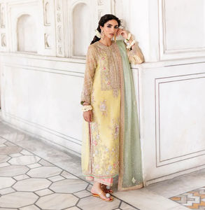 Robe de mariée traditionnelle indienne et pakistanaise en soie pour femme, longueur ras du sol, coupe ample, broderie, dupatta jaune et vert - Product Image 4