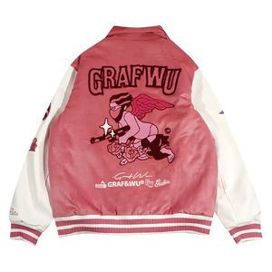 Blousons universitaires épais style baseball rose classique avec fermeture boutonnée, logo personnalisé et broderie chenille - Product Image 5