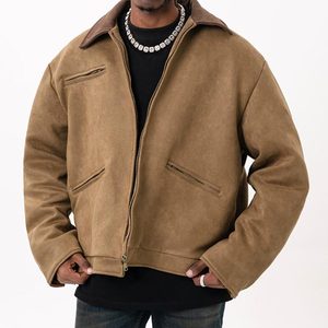 <b>Men's</b> <b>Suede</b> Bomber <b>Jacket</b> Turn-down Collar Zipper Closure Solid Color Loose Fit Winter Casual Wear - Product Image 1