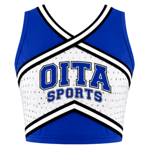 Haut court de cheerleading sans manches bleu roi et blanc pour femme, col en V, uniforme de performance athlétique pour équipe, tenue de compétition sportive - Product Image 1
