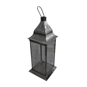 Farol de vela piramidal de metal plateado galvanizado con paneles de vidrio, asa de cuerda y cierre, decoración de centro de mesa - Product Image 2