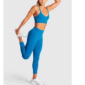 Conjunto de Yoga para Mujer, Azul Sólido, Leggings sin Costuras de Cintura Alta, Top Corto Deportivo, 2 Piezas, Ropa Deportiva, Spandex y Poliéster - Product Image 5