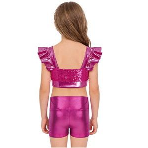 Uniformes de porristas al por mayor para mujer: Top de cuello redondo con espalda cruzada y falda acampanada de cintura elástica - Product Image 3