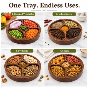 Assiette de service ronde en bois d'acacia avec 5 compartiments, plat divisé fait main pour la présentation des aliments lors de fêtes, style chinois traditionnel - Product Image 4