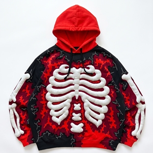Sudadera con Capucha Unisex Dumela, Diseño Gótico con Esqueleto en Relieve Digital, Corte Holgado, 100% Algodón, Patrón Rojo y Negro, Ropa de Invierno - Product Image 1