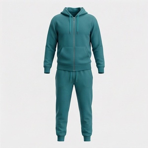 Ensemble de survêtement pour homme, couleur turquoise, sweat-shirt à capuche et pantalon, fermeture éclair intégrale, couleur unie, 100% coton respirant, vêtements d'automne - Product Image 1