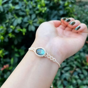 Handmade Cream Macrame Labradorite <b>Bracelet</b> Boho <b>Gold</b> Beaded <b>Adjustable</b> Cuff for Women - Product Image 3