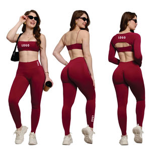 Vêtements de sport pour femmes OEM - Ensemble sexy de soutien-gorge de sport à col rond et pantalon long à taille élastique, extensible dans quatre directions, séchage rapide, pour le yoga - Product Image 1