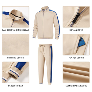 Ensemble de survêtement pour homme beige et bleu, manches longues, col montant, fermeture éclair, vêtements décontractés d'automne avec poches latérales, respirant, polyester et coton - Product Image 6