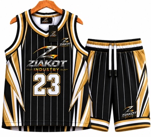 Venta al por Mayor Directa de ZIAKOT INDUSTRY, Jersey de Baloncesto Auténtico Personalizado con Rayas Blancas y Negras y Detalles en Dorado y Blanco - Product Image 1