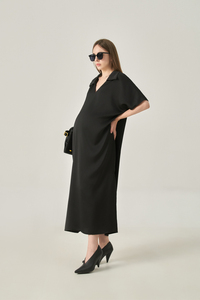 Robe midi en satin pour femme, col polo, manches classiques, boutonnée devant, coupe ample, style estival minimaliste et respirant - Product Image 5