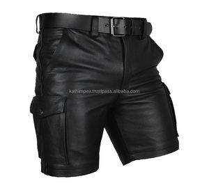 Shorts en cuir véritable pour hommes, solides, mi-longs, respirants, noirs, style motard, multi-poches, utilitaires, streetwear, décontractés - Product Image 2