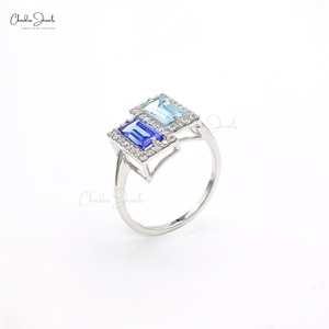 Anillo llamativo de tanzanita y aguamarina con corte baguette natural de 8x4mm y halo de diamantes en oro blanco macizo de 14k, proveedor mayorista - Product Image 4