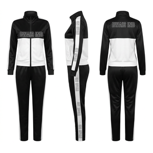 Women <b>Black</b> <b>White</b> Color Block Tracksuit Set Stand Collar Zip Up Jacket Long Sleeve Letter Print <b>Stripe</b> Pants Sporty Two Piece - Product Image 1