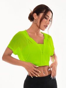 Women's <b>Neon</b> Green Chiffon V-Neck Crop <b>Top</b> With Zipper Front Short Sleeve Sexy Club Wear Summer Style - Product Image 1