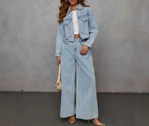 Women 2025 Spring Denim Suit Jacket and <b>Pants</b> Set Oversize Casual Chic Wide Leg Jumpsuit Alternative with Pockets - Product Image 1
