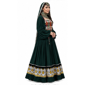 Lehenga Choli Verde con Bordado Intenso, Vestido Afgano Kuchi Largo Hasta el Suelo, Vestido Tradicional de Boda Afgano Kuchi para Mujer - Product Image 4