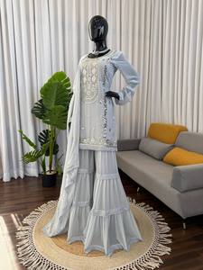 Light Gray Pakistani Salwar Kameez Set Sequin Embroidered <b>Net</b> <b>Dupatta</b> Wedding Party Outfit for Women - Product Image 3