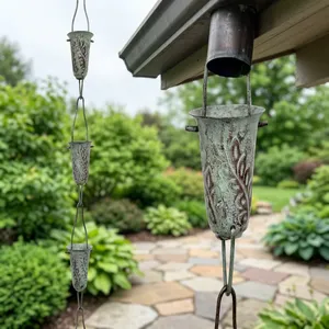 Chaîne de pluie en acier galvanisé style simple, décoration de jardin extérieur, décoration suspendue pour le flux d'eau, motif feuille patine verte - Product Image 1
