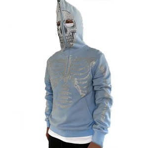 Sweat-shirt à capuche bleu clair pour homme, fermeture éclair quart de tour, imprimé squelette en strass, coupe classique, streetwear, tenue décontractée d'automne - Product Image 2