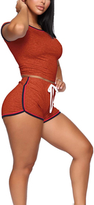 Conjunto Deportivo de 2 Piezas para Mujer, Pantalones Cortos Naranja de Algodón Tejido, Cuello Redondo, Manga Corta, Transpirable, Ajuste Holgado hasta la Rodilla, Felpa, Secado Rápido, Estilo Hip Hop - Product Image 5