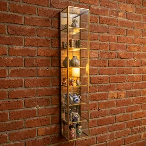 Modern <b>Wall</b> <b>Mounted</b> Glass <b>Shelf</b> with Brass Frame Five Tier Storage Organizer Hut Shape Lacquer Finish for Living Room Decor - Product Image 1