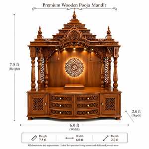 Premium Eco-Friendly Solid Teakwood Pooja Mandir Hand Carved <b>Temple</b> for <b>Home</b> Large Prayer Unit Storage Drawers LED Lighting - Product Image 2