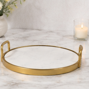 Round Metal Storage <b>Tray</b> With <b>Mirror</b> Insert Modern Design Durable Indoor Tabletop Accessory Living Room Decor - Product Image 4