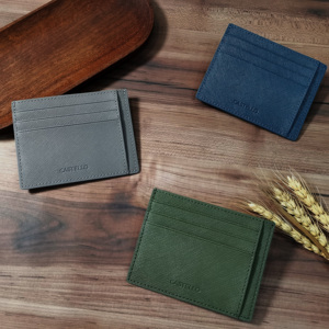 Best Item Castello Handmade High Quality Saffiano Leather Slim Card Case Navy Green Grey Black Open Closure Polyester - Product Image 4
