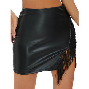 Minifalda de Piel Sintética de Cintura Alta, Corte Lateral Personalizado de Fábrica, OEM ODM, Negra, para Mujer, de Alta Calidad - Product Image 2
