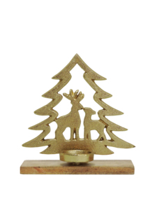 Decorative Gold Aluminum <b>Tree</b> with Reindeer Candle Holder on Wooden Base <b>Christmas</b> <b>Table</b> Centerpiece - Product Image 3