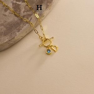 Custom Initial Letter <b>D</b> Paperclip Chain <b>Necklace</b> Gold Plated Toggle Clasp Blue Gemstone Charm Pendant - Product Image 1