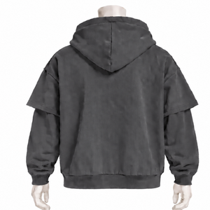 Charcoal Double Layer <b>Hoodie</b> Vintage Oversized <b>Short</b> <b>Sleeve</b> Overlay Long <b>Sleeve</b> Pullover Loose Fit Casual Streetwear Hooded - Product Image 2