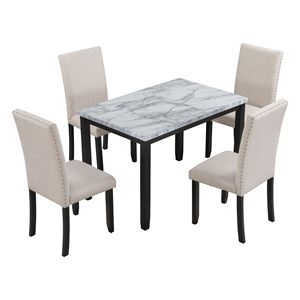 Set da Pranzo in Finto Marmo 5 Pezzi Bianco/Beige e Nero Include Tavolo con Cuscini Spessi e 4 Sedie per Arredamento Casa - Product Image 4