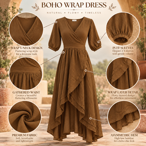 Womens Wrap <b>Maxi</b> <b>Dress</b> V Neck Puff Sleeve Gathered Waist Asymmetric Hem Flowy Boho Casual Beach Vacation Wear | Elegant Style - Product Image 5