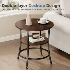 Tavolino da Caffè Rotondo a 2 Livelli, Ecologico, Marrone Ruggine, Salvaspazio per Piccoli Soggiorni e Camere da Letto - Product Image 5
