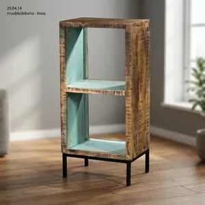 Étagère rustique en bois et fer à 2 cubes avec étagères ouvertes et finition vieillie pour le rangement dans le salon - Product Image 6
