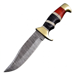 Cuchillo Bowie de Acero de Damasco Hecho a Mano con Punta Clip, Mango de Madera Roja, Funda de Cuero, Hoja para Caza y Supervivencia, Cuchillo de Exterior Personalizado de 15 Pulgadas - Product Image 1