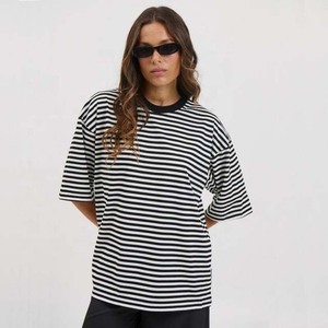 Camiseta de Cuello Redondo a Rayas Oversize, Corte Regular, Manga Corta, 100% Algodón Tejido, Transpirable, para Todas las Temporadas - Product Image 1